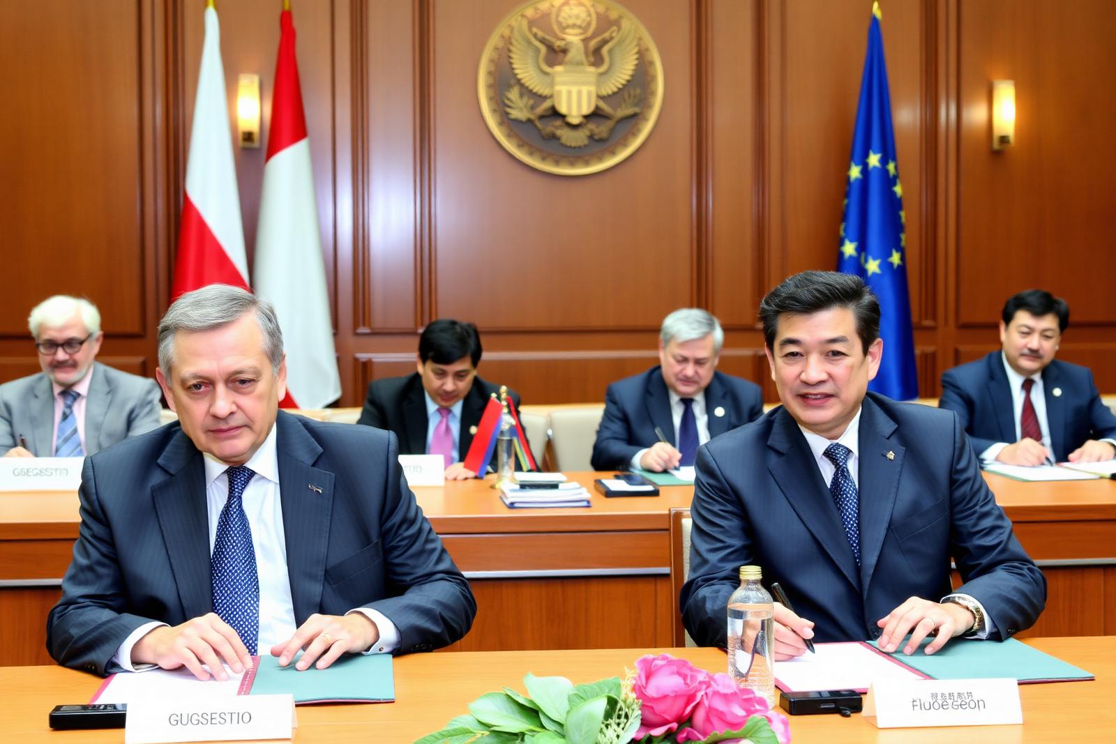 Officials seated at a long table signing a trade cooperation agreement