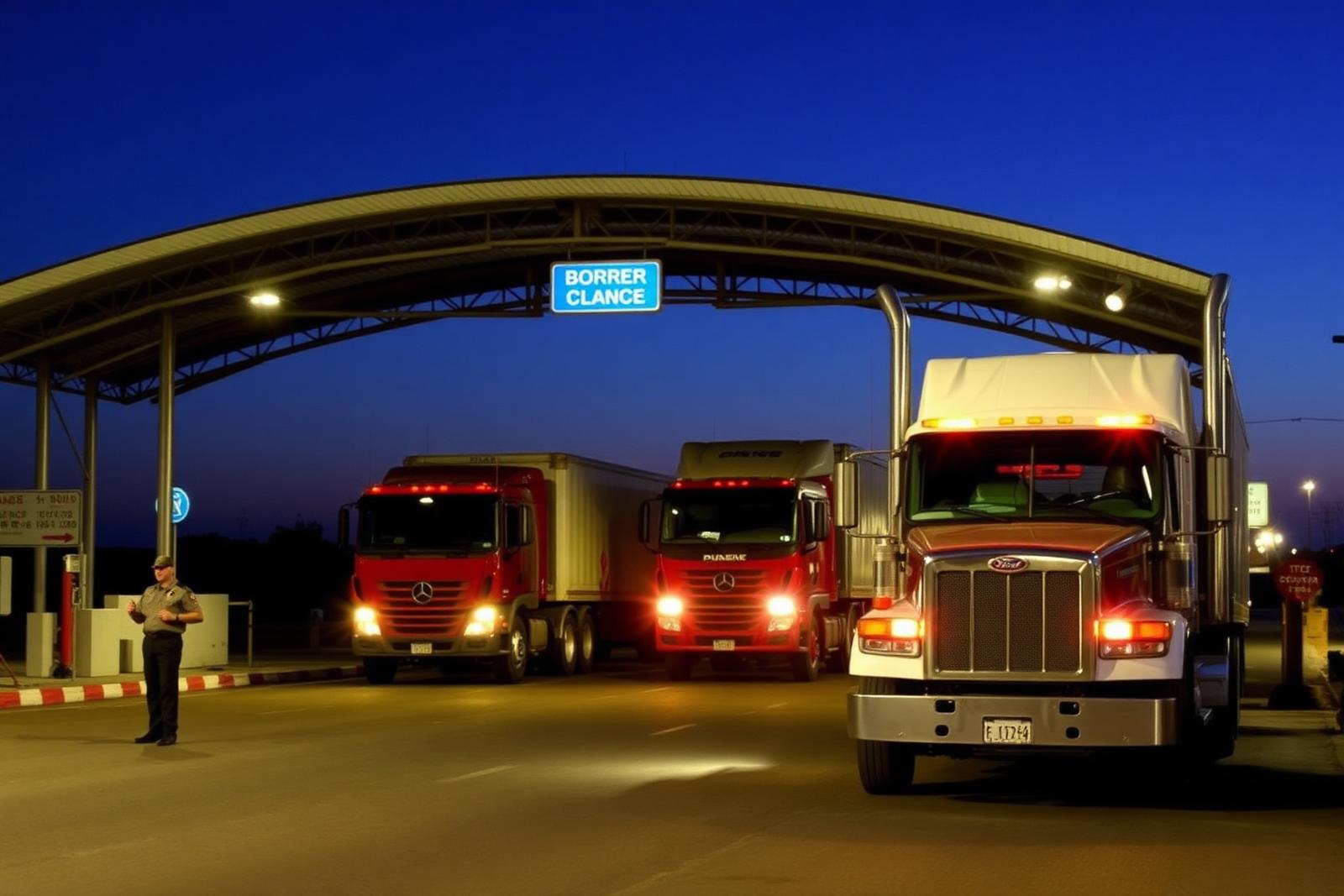 Trucks queued under canopy lighting at a land border crossing at dusk