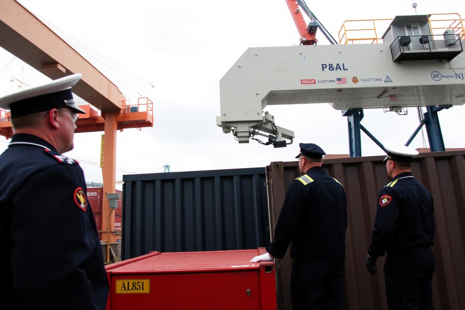 Customs officers observing a container passing through a scanning gantry