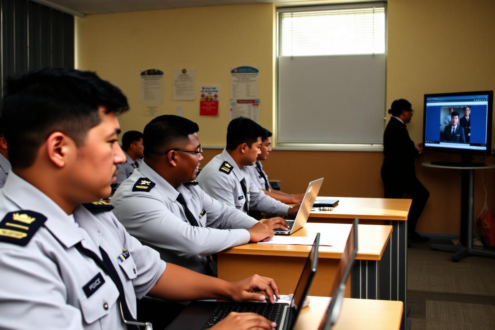 Trainees in uniform working at laptops during a workshop