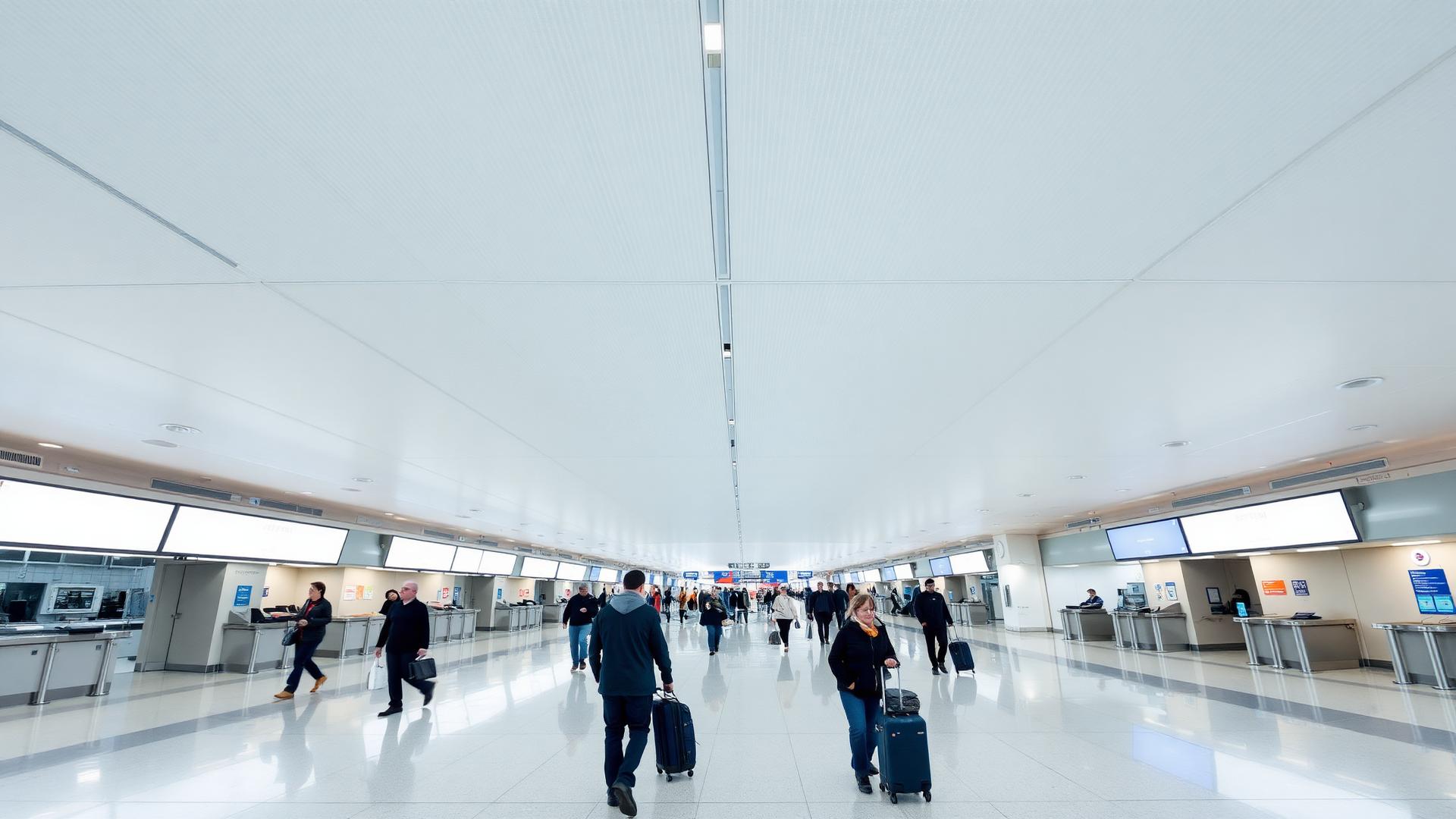 Travellers walking through an airport arrivals hall towards customs counters