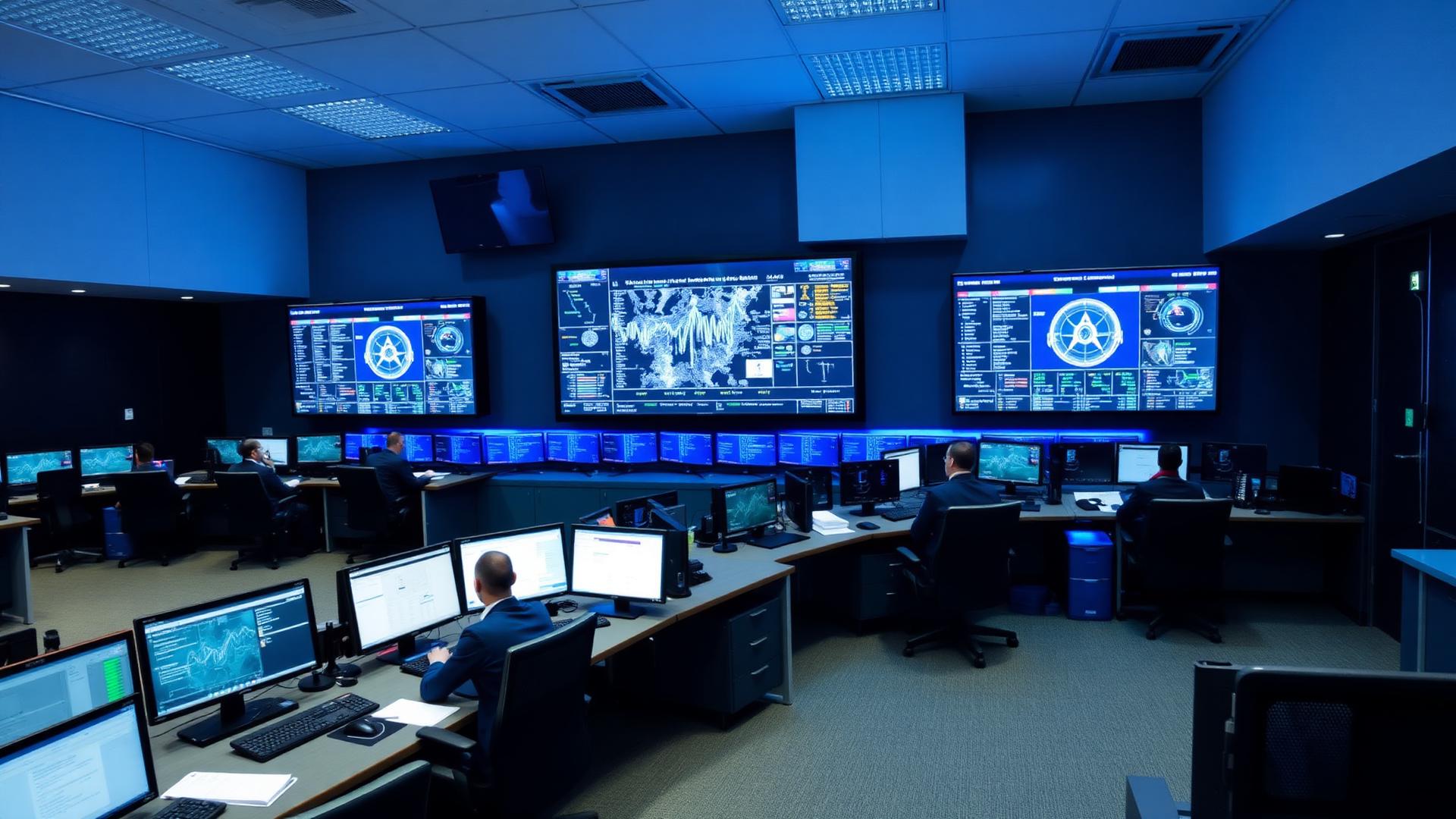 Customs operations control room with analysts monitoring risk dashboards