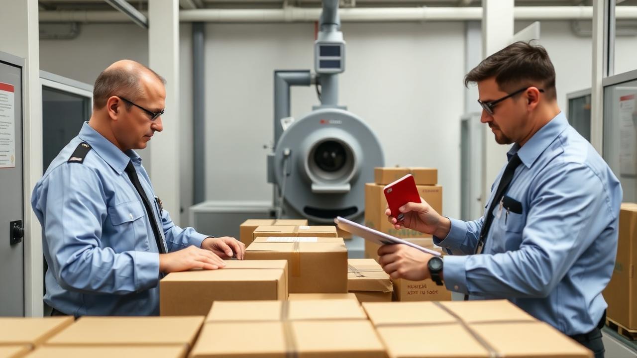 Customs officers inspecting cargo cartons in an inspection bay